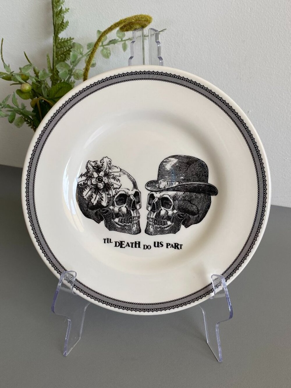 Royal Stafford Til Death Do Us Part Skull Salad Plate Bride Groom 8.5"